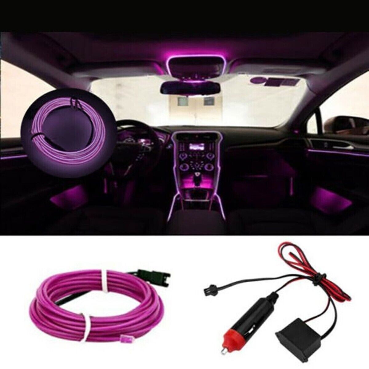 STRISCIA INTERNI LUCE AUTO FIBRA OTTICA 12V DECORAZIONE FILO 5 MT VIOLA 51