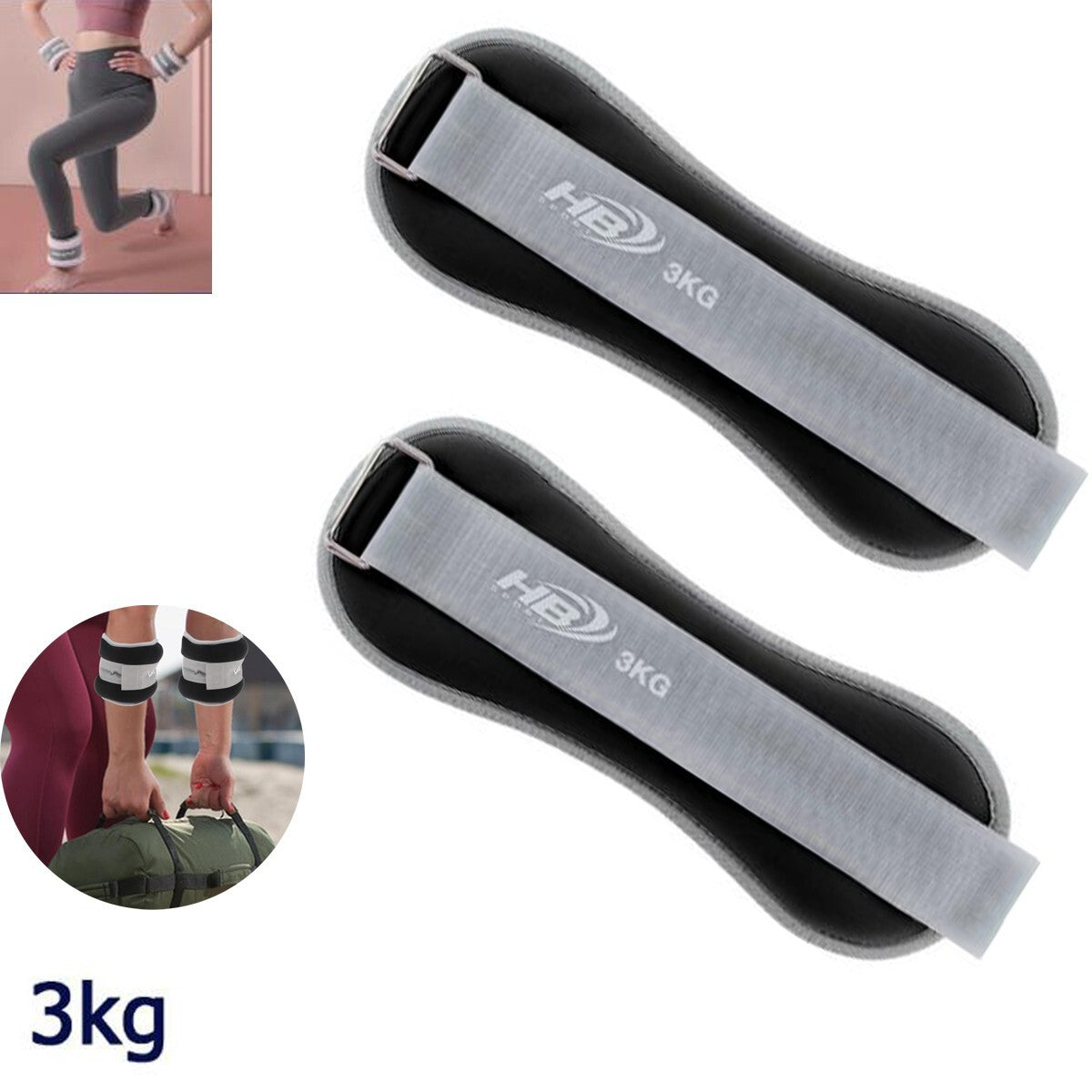 COPPIA PESI SABBIA REGOLABILI SPORT POLSO E CAVIGLIA FITNESS 3 KG NERO 90058*