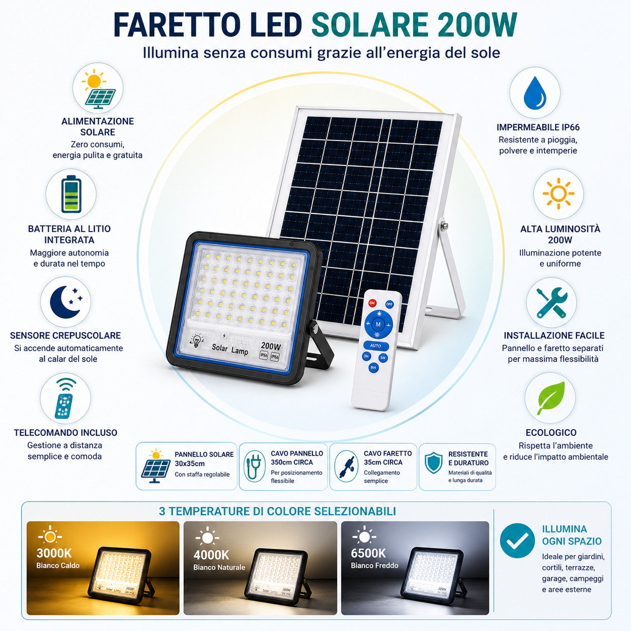 FARO LED FARETTO ALTA LUMINOSITA' PANNELLO SOLARE CREPUSCOLARE TELECOMANDO 200W