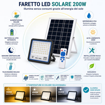 FARO LED FARETTO ALTA LUMINOSITA' PANNELLO SOLARE CREPUSCOLARE TELECOMANDO 200W