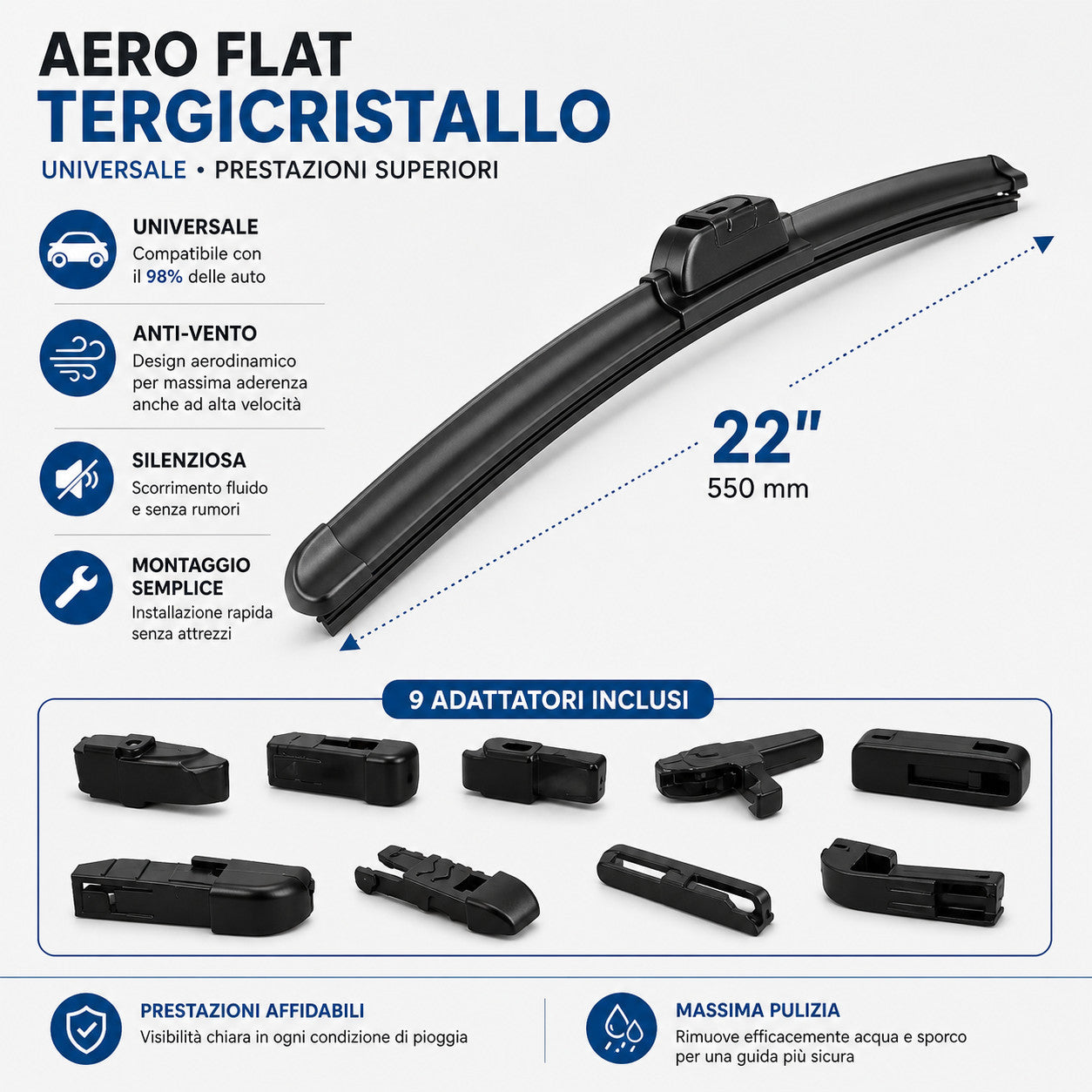 SPAZZOLE TERGICRISTALLI PIOGGIA UNIVERSALE AUTO AERO FLAT 9 ATTACCHI 22" 550 mm