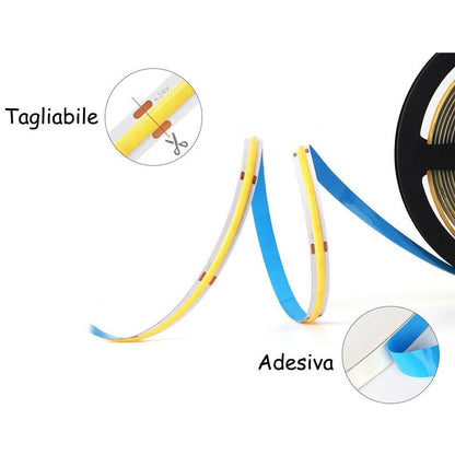 STRISCIA COB LED ADESIVA 5M LUCE BLU 40W TAGLIABILE FLESSIBILE COB320 12V