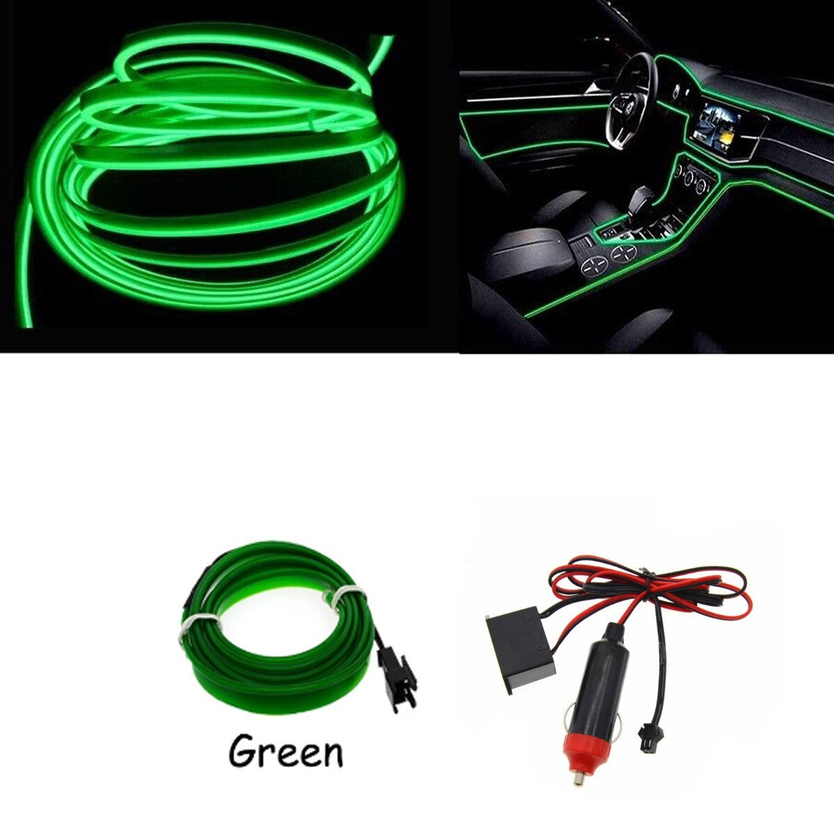 STRISCIA INTERNI LUCE AUTO FIBRA OTTICA 12V DECORAZIONE FILO 5MT VERDE 49