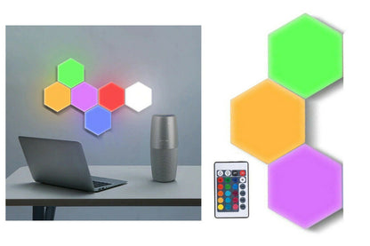 SET 3PZ LUCI DA PARETE RGB ESAGONALI APPLIQUE CON TELECOMANDO MULTICOLOR TEB0383