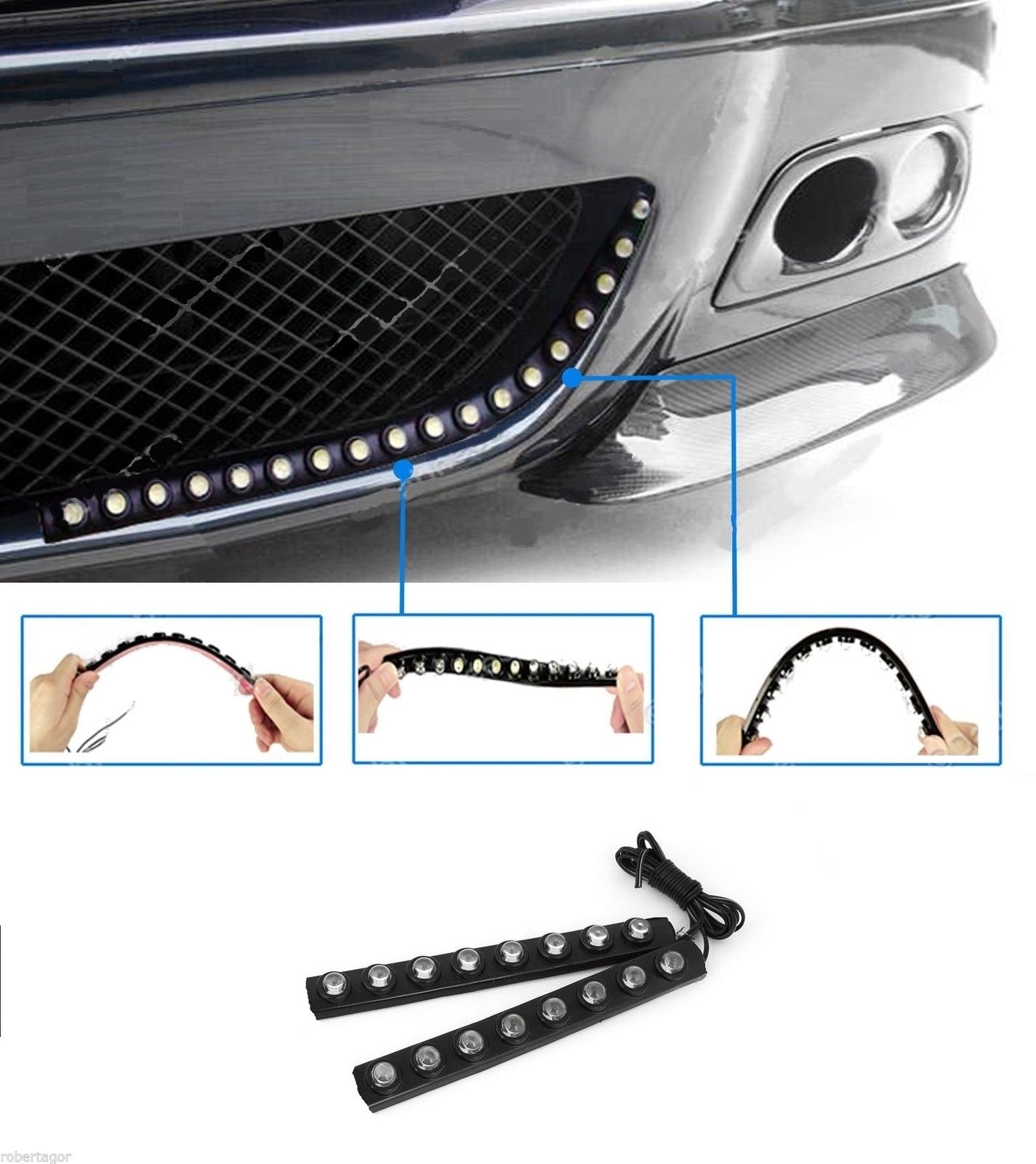 COPPIA LUCI FLESSIBILI AUTO 12 LED ALTA LUMINOSITA' ADESIVA WATERPROOF BIANCA