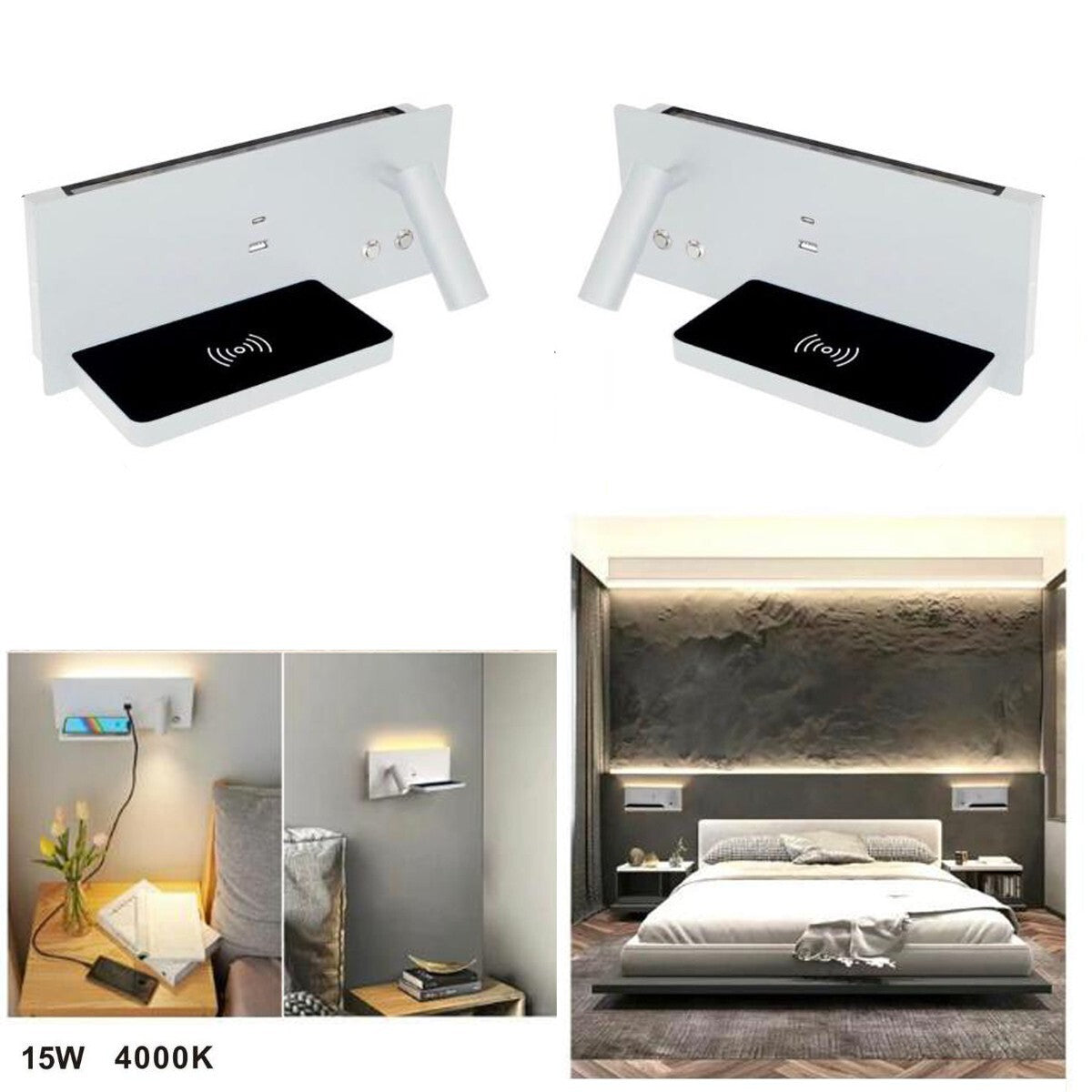 COPPIA APPLIQUE LUCI COMODINO PARETE LED 4000K BIANCO LETTURA RICARICA WIRELESS