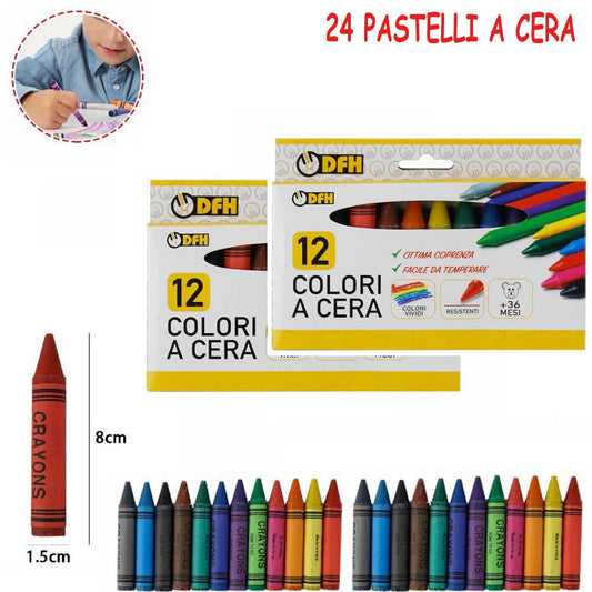 2 CONFEZIONI PASTELLI A CERA DA 12 VARI COLORI VIVIDI 24 IN TOTALE 8X1.5CM 58453