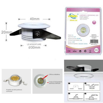 MINI FARETTO LED 1W SOFFITTO TONDO INCASSO MOLLA 4CM LED BIANCO FREDDO 6000K