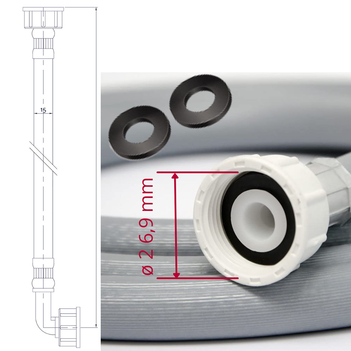 TUBO LAVATRICE LAVASTOVIGLIE DI CARICO CURVA 90° 3/4" 200CM GHIERA PVC