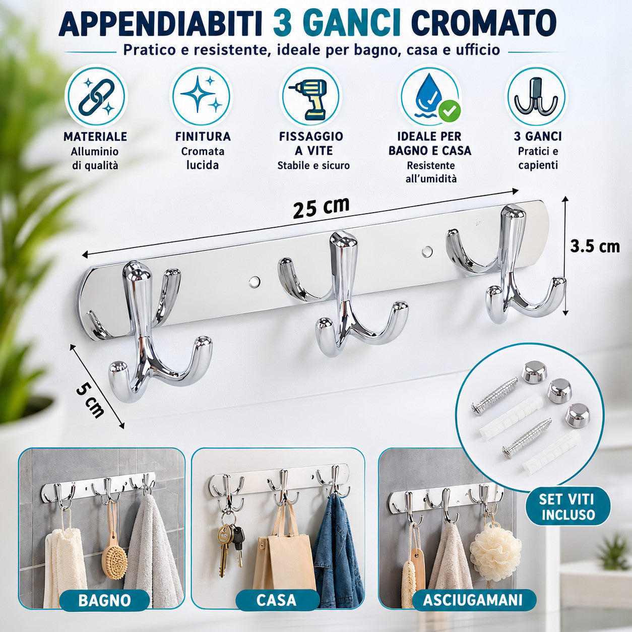 APPENDIABITI 3 GANCI BAGNO MURO GANCIO ASCIUGAMANI CASA CROMATO DA PARETE 03455