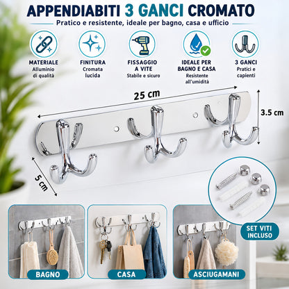 APPENDIABITI 3 GANCI BAGNO MURO GANCIO ASCIUGAMANI CASA CROMATO DA PARETE 03455