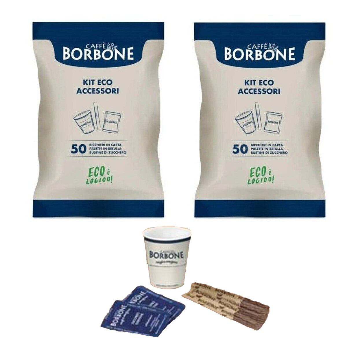KIT ECOLOGICO 100 BICCHIERI CARTA PALETTE BETULLA LEGNO ZUCCHERO CAFFÉ BORBONE