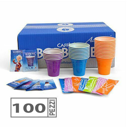 KIT BORBONE ACCESSORI 100 BICCHIERI CAFFE PALETTE BUSTINE ZUCCHERO ORIGINALE