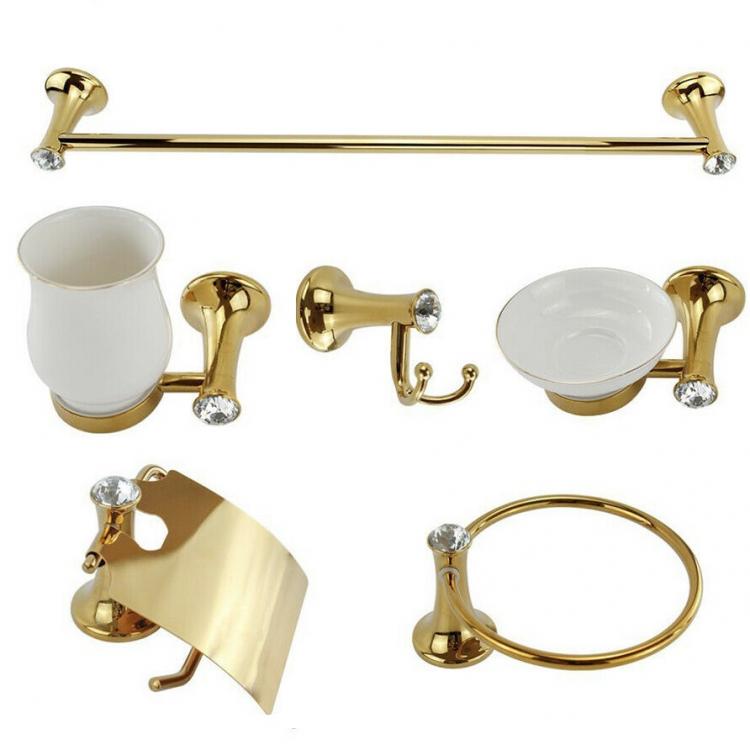 6-teiliges Badaccessoires-Set aus Goldstahl und weißer Keramik mit Acrylkristallen