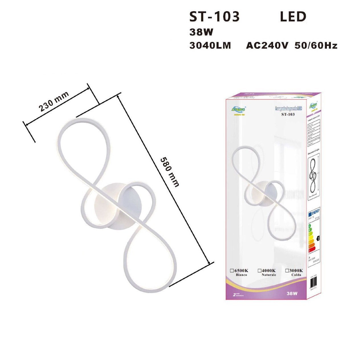 APPLIQUE LAMPADA INTERNO MODERNA PARETE MURO INFINITO 38W LUCE NATURALE ST-103
