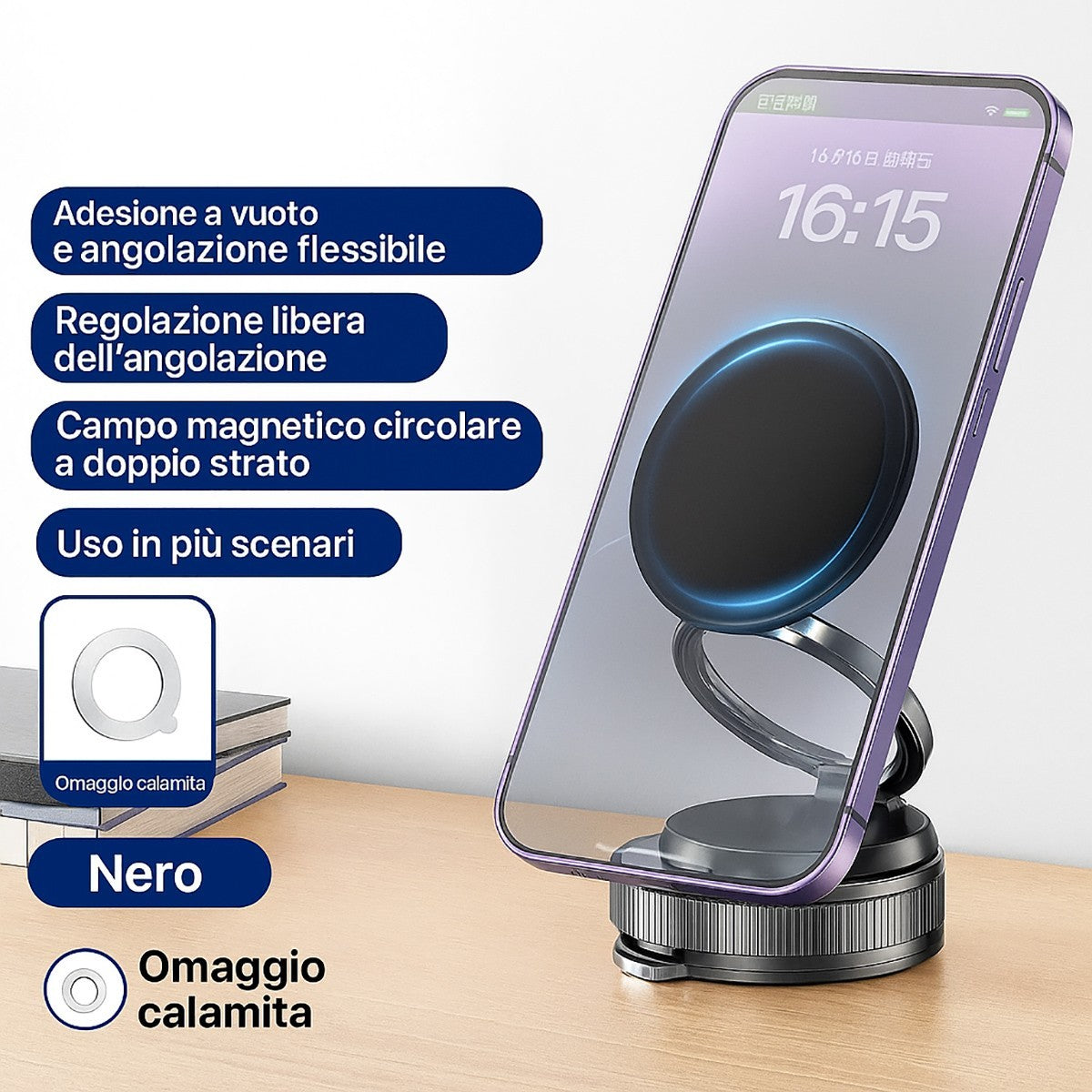 SUPPORTO AUTO MAGNETICO smartphon ASPIRA MAGSAFE CERCHIO GIREVOLE ROTAZIONE 360