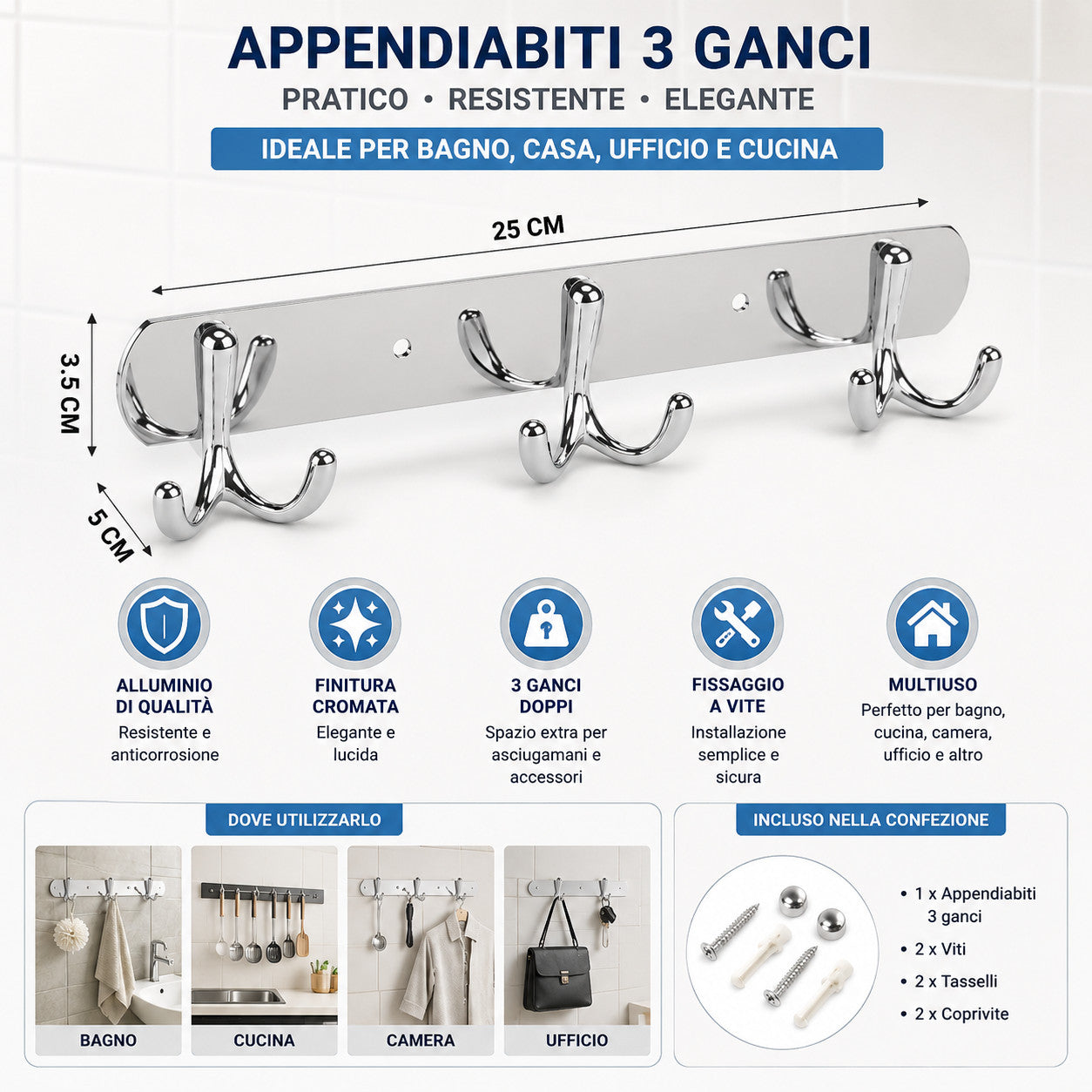 APPENDIABITI 3 GANCI BAGNO MURO GANCIO ASCIUGAMANI CASA CROMATO DA PARETE 03455
