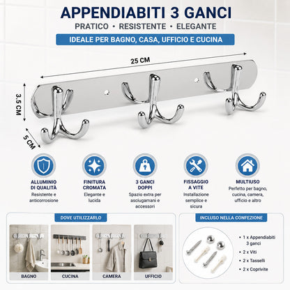 APPENDIABITI 3 GANCI BAGNO MURO GANCIO ASCIUGAMANI CASA CROMATO DA PARETE 03455