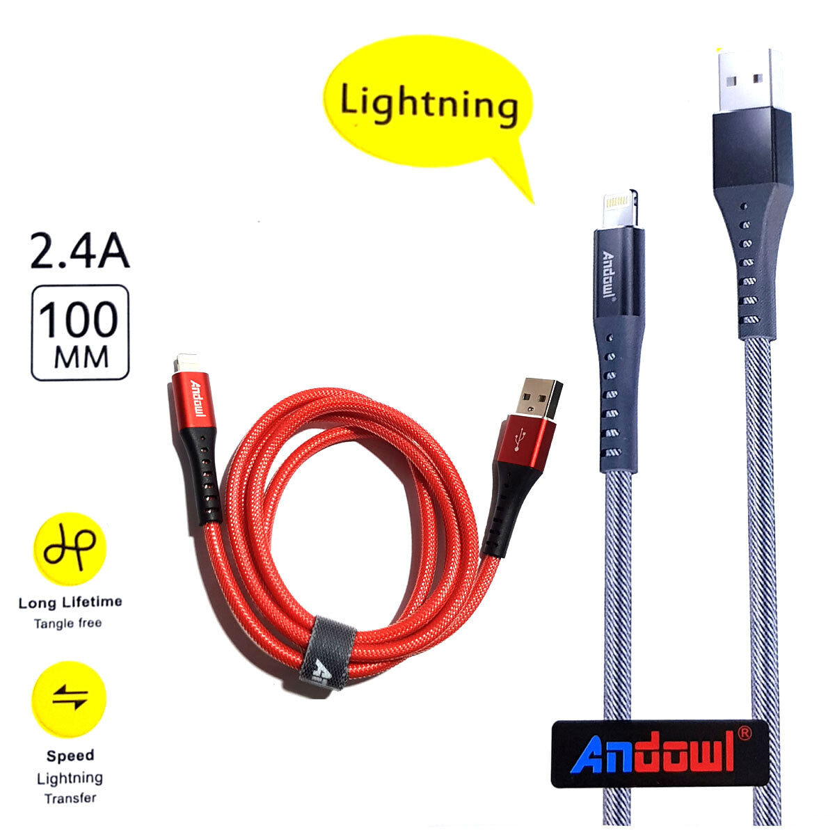 CAVO USB RICARICA DATI IPHONE IPAD NYLON RESISTENTE 2.4A 1MT ANDOWL