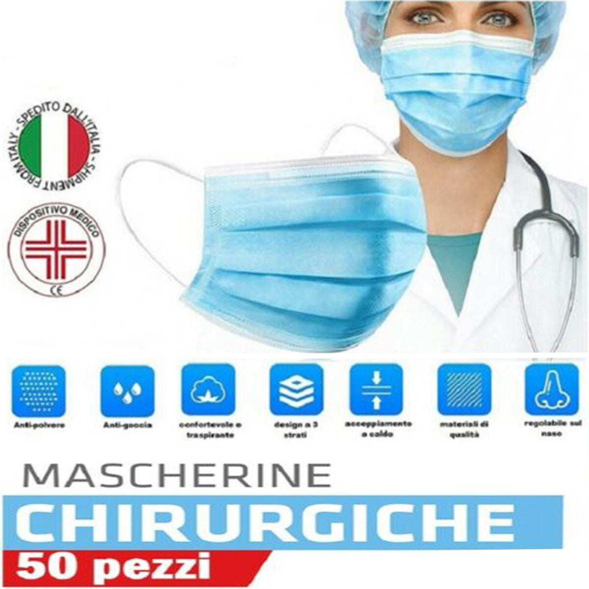 SET DA 50 MASCHERINE PROTETTIVE VISO CHIRURGICHE TNT MONOUSO MASCHERINA 3 STRATI