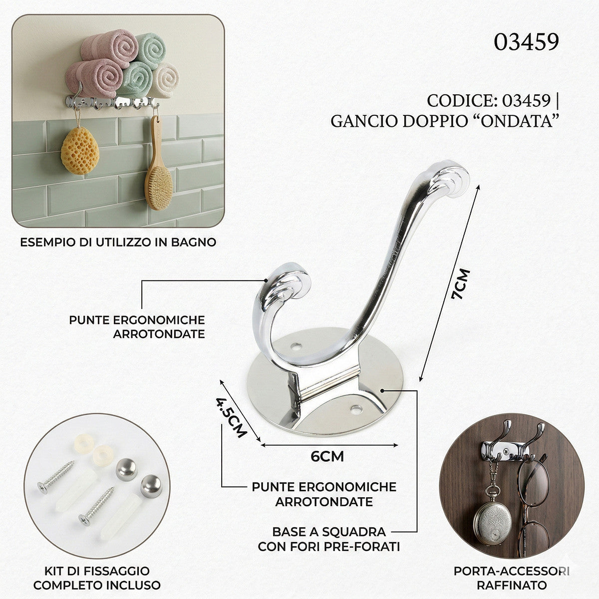 GANCIO APPENDIABITI BAGNO MURO GANCI ASCIUGAMANI CASA CROMATO DA PARETE 03459