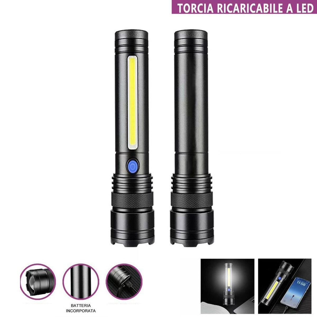 TORCIA RICARICABILE LED LATERALE COB USB POTENTE BATTERIA PORTATILE TE-B0622