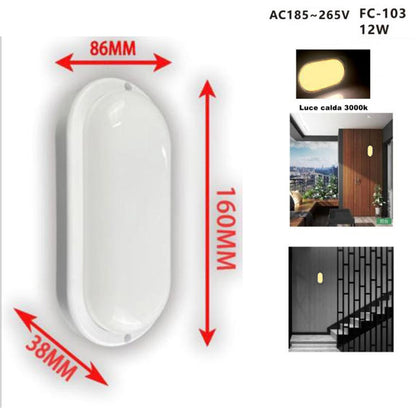 LAMPADA LED PARETE APPLIQUE OVALE 12W LUCE CALDA 3000K INTERNI ESTERNI FC-103