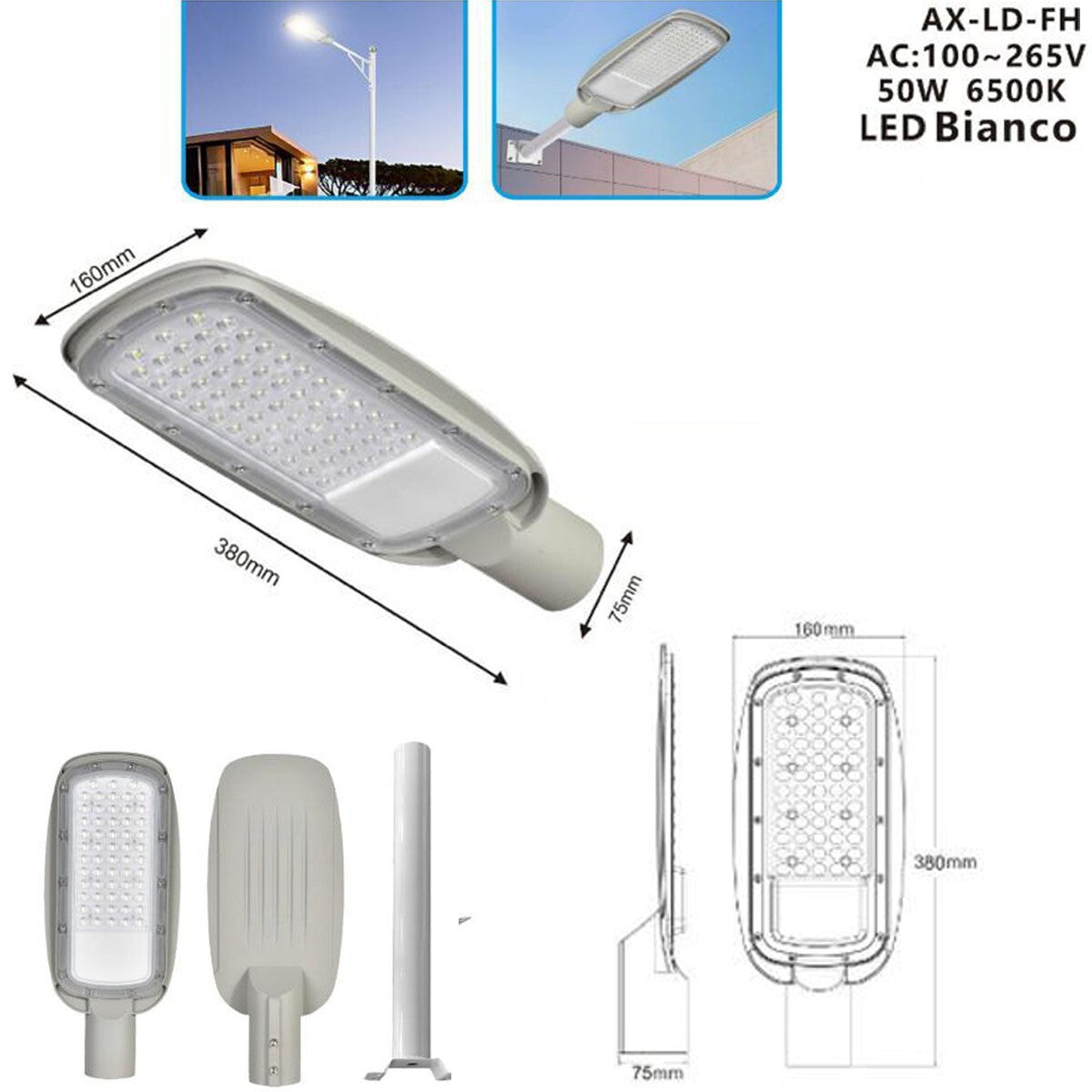 LAMPIONE STRADALE A LED CON PALO STAFFA ESTERNO FARO LED LUCE FREDDA 6500K 50W*