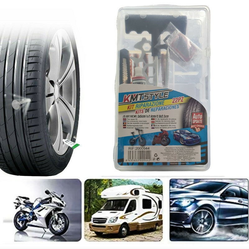 KIT RIPARAZIONE GOMME PNEUMATICI AUTO MOTO BICI BUCATURA DA 22 PEZZI 0.6X10CM