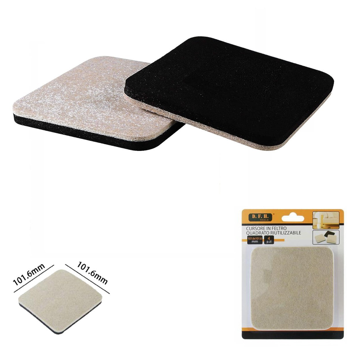 4 CURSORI QUADRATI IN  FELTRO PER PROTEZIONE MOBILI SEDIE FILTRINI 10.2 CM 74246