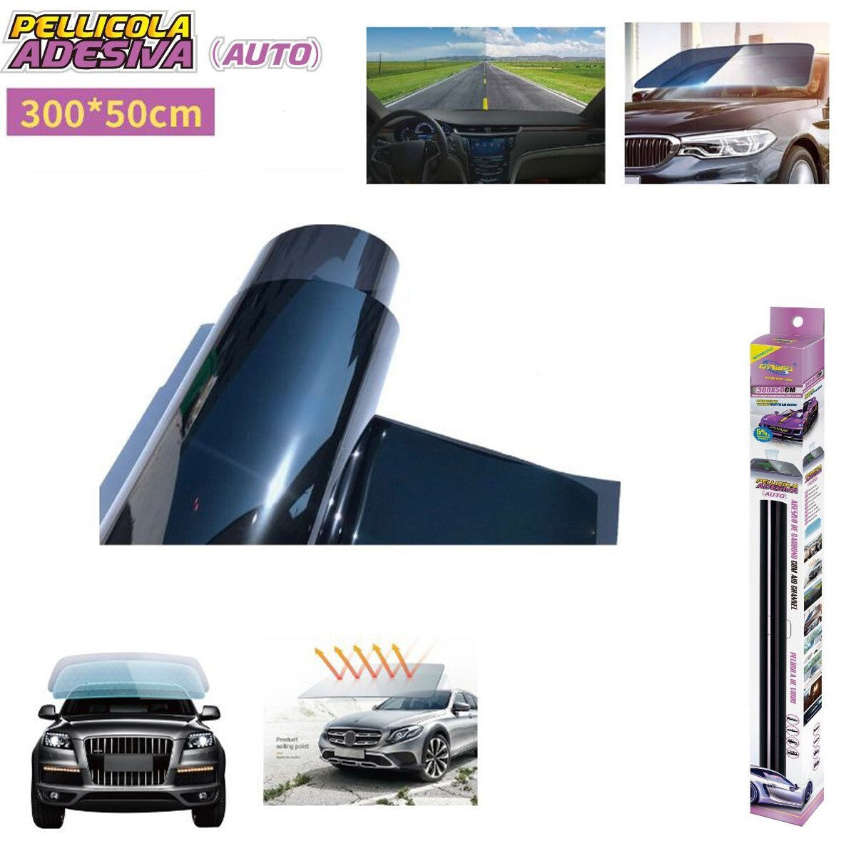 PELLICOLA OSCURANTE ADESIVA VETRI ADESIVA AUTO 300X50CM NERO 5% PROTEZIONE UV