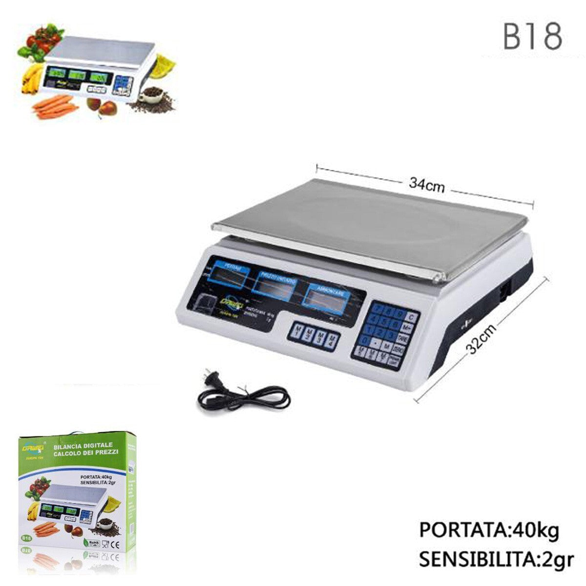 BILANCIA DIGITALE DA BANCO ALIMENTI 2 IN 1 MAX 40KG PRECISIONE 2GR 3 DISPLAY B18