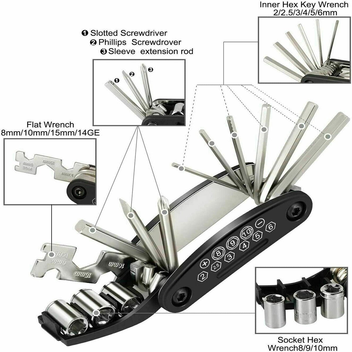 KIT MULTIFUNZIONE 16 IN 1 ATTREZZI BICICLETTA CHIAVI RIPARAZIONE BICI BIKE 94279