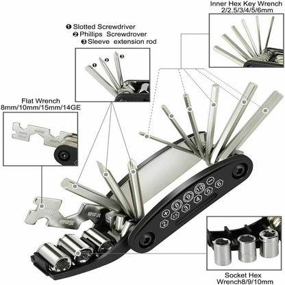 KIT MULTIFUNZIONE 16 IN 1 ATTREZZI BICICLETTA CHIAVI RIPARAZIONE BICI BIKE 94279