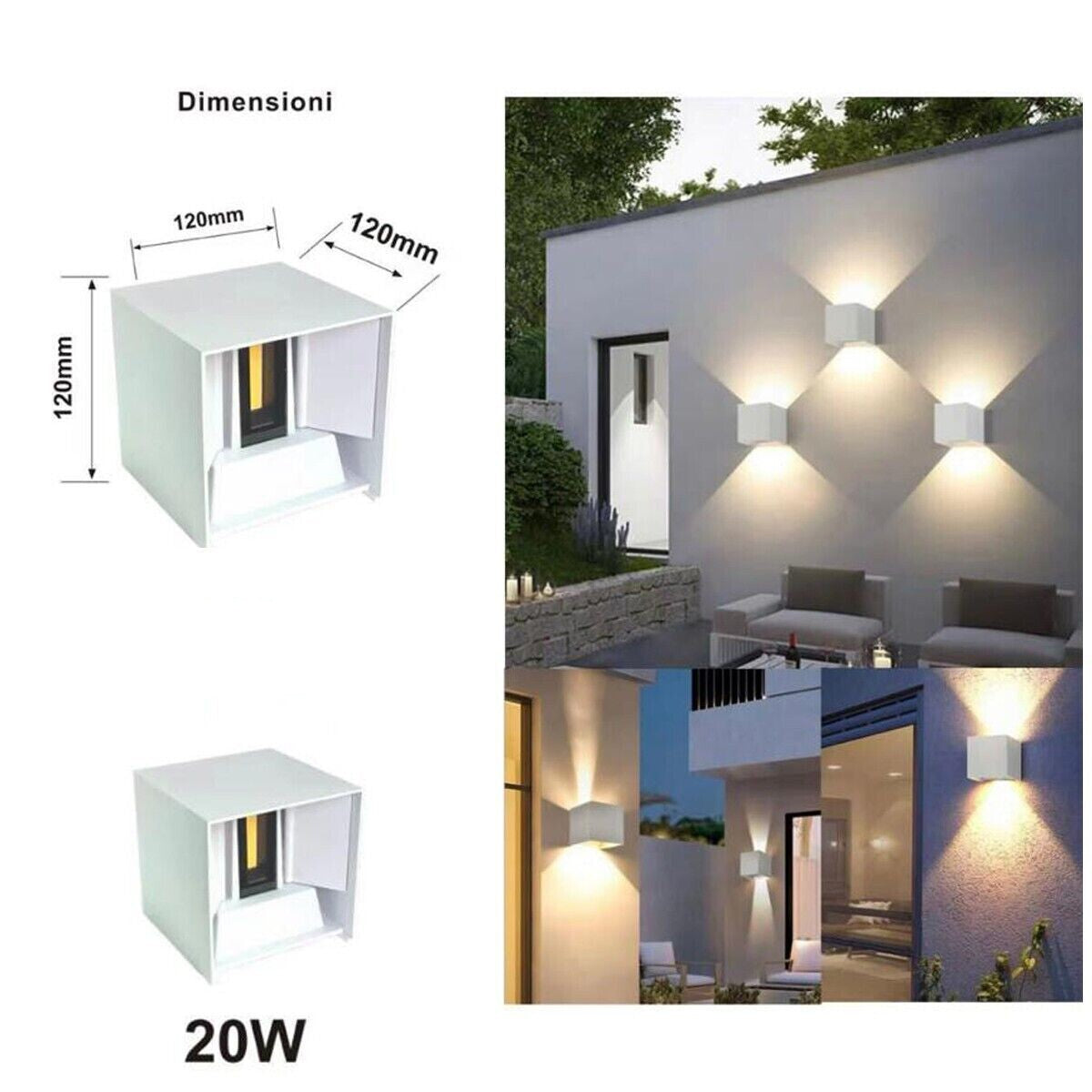 APPLIQUE LED COB LAMPADA PARETE 20W QUADRATO BIANCO NATURALE INTERNO ESTERNO 18