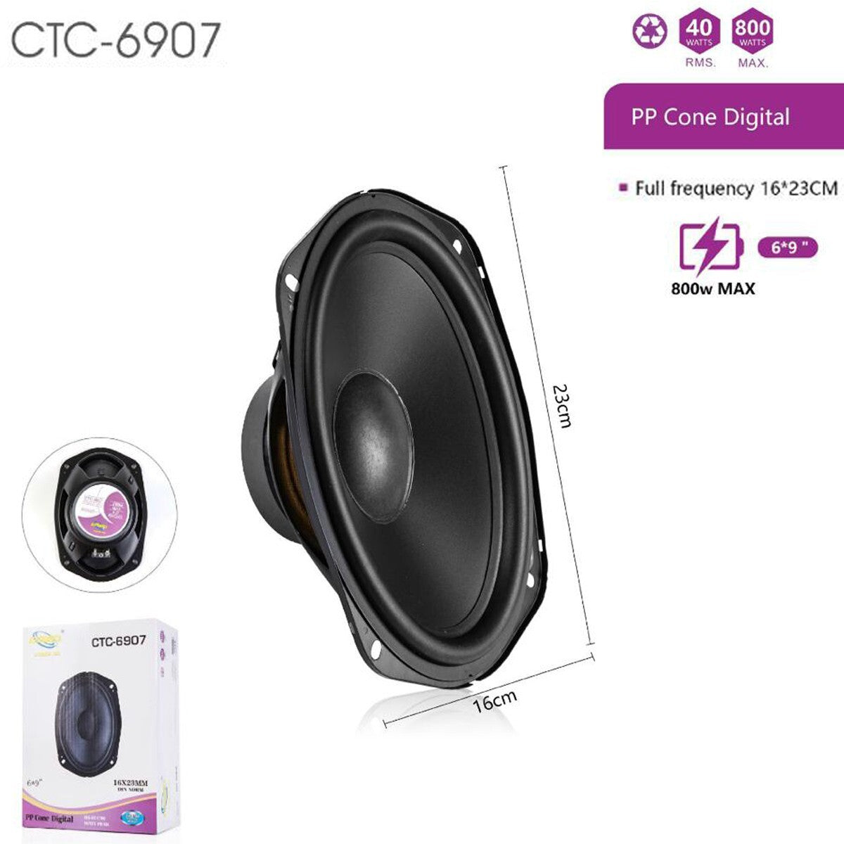 CASSA AUTO ALTOPARLANTE 16X23 CM 40W RMS 800W MAX SPEAKER CTC-6907*