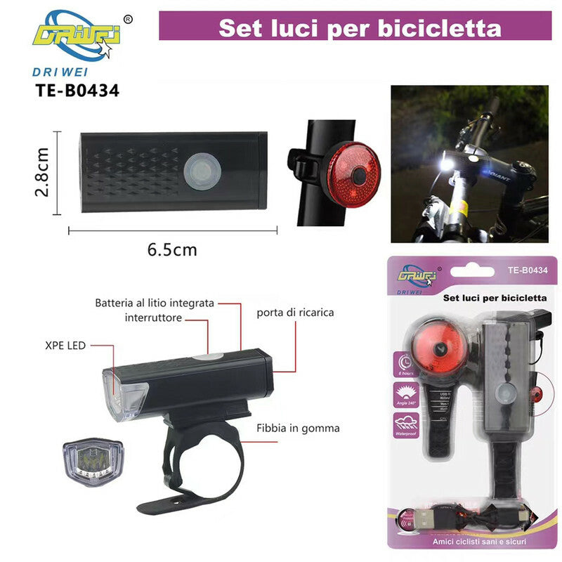 LUCE ANTERIORE E POSTERIORE LED RICARICABILE USB MONOPATTINO BICICLETTA TE-B0434