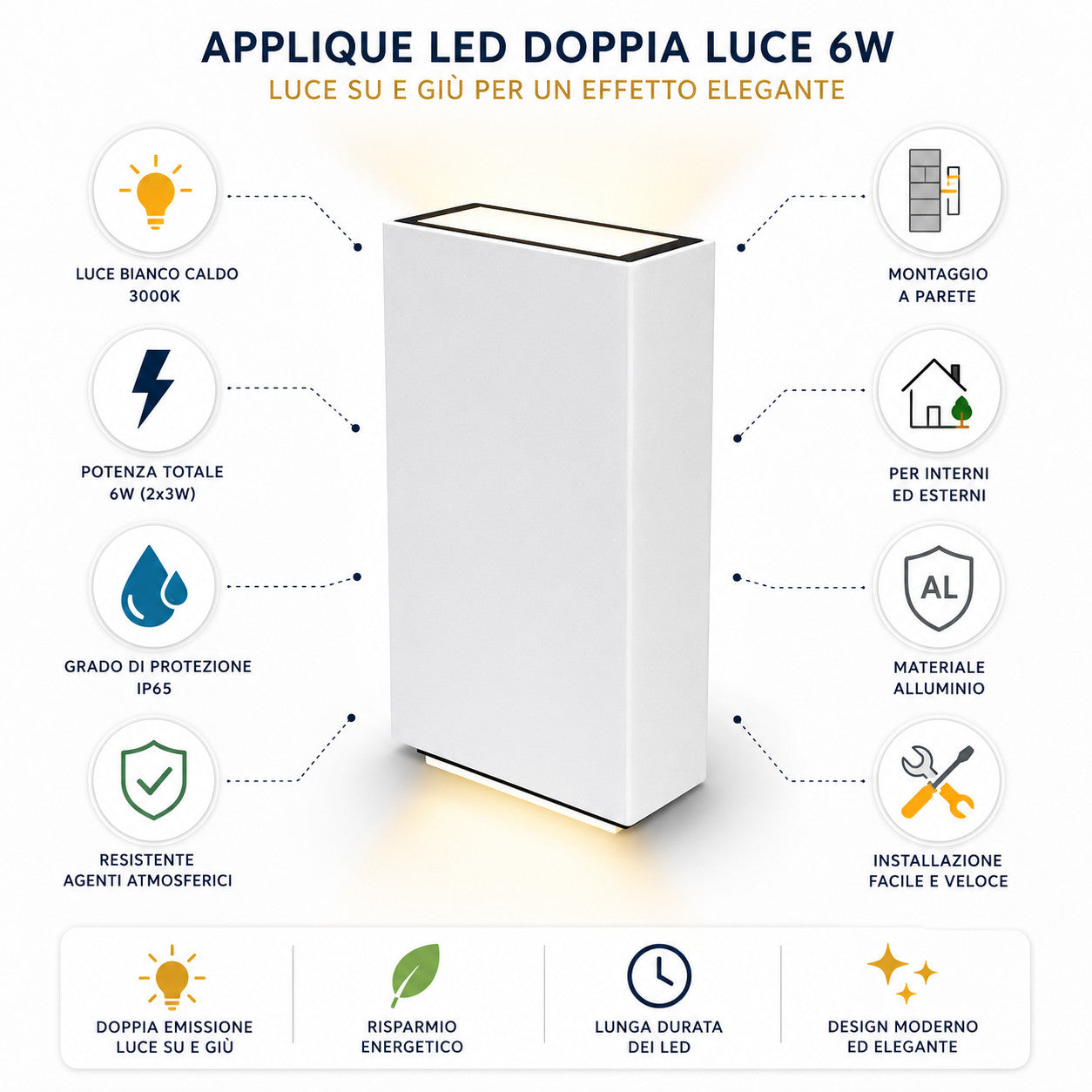 APPLIQUE PARETE LED 6W LAMPADA MURO IP65 MODERNO DOPPIA LUCE CALDA 3000K 21343