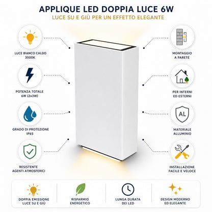 APPLIQUE PARETE LED 6W LAMPADA MURO IP65 MODERNO DOPPIA LUCE CALDA 3000K 21343
