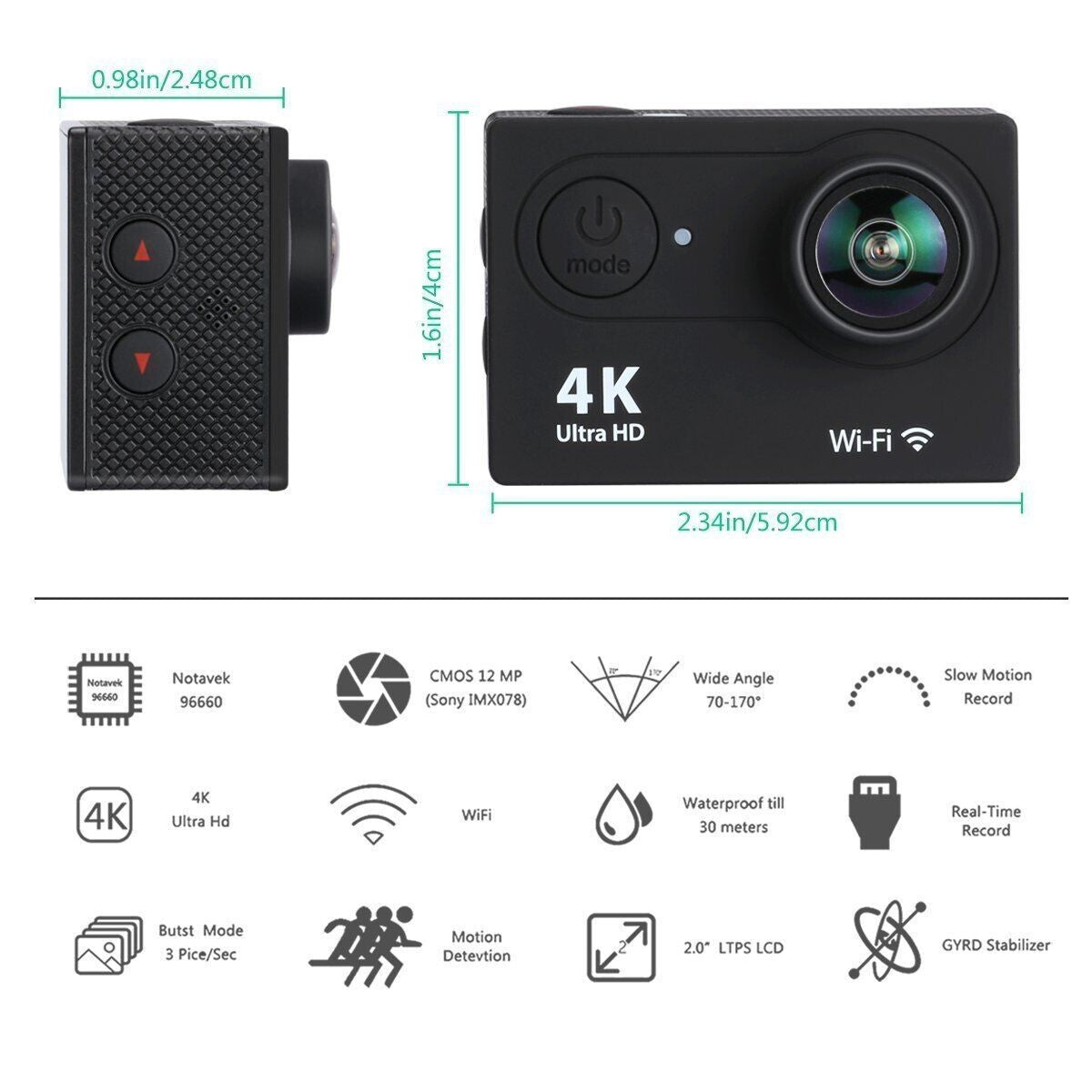 ACTION CAM 4K SPORTS ULTRA HD DV 30 METRI 16 Mp CAMERA FOTOCAMERA WATERPROOF