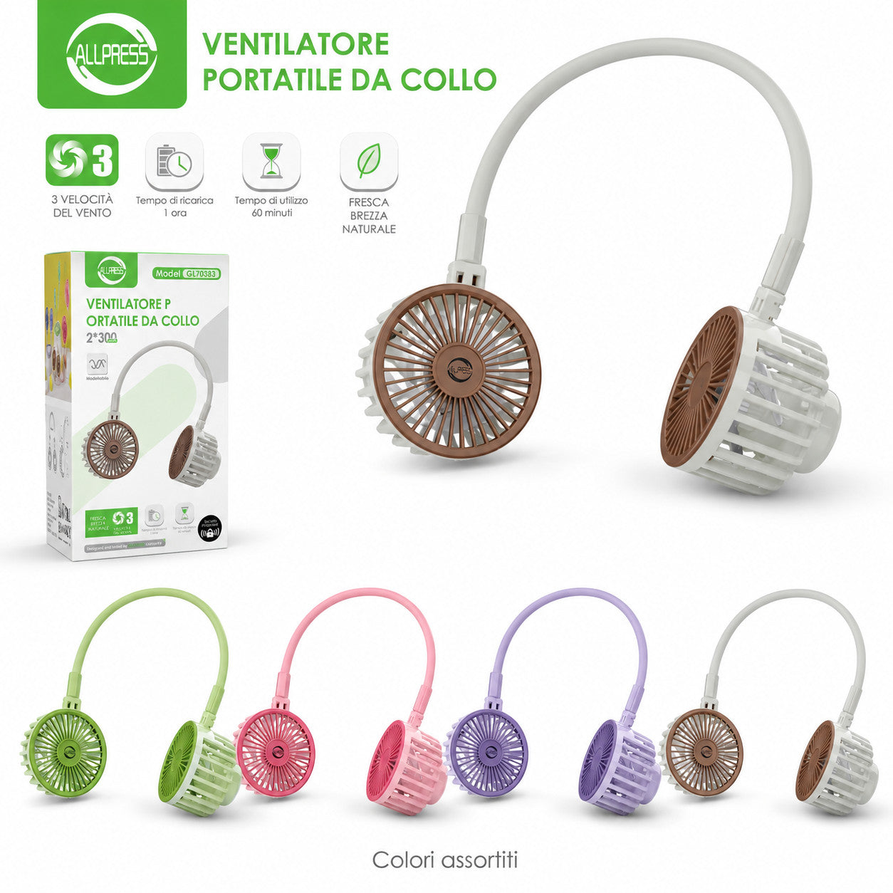 VENTILATORE COLLO PALE PORTATILE RICARICABILE SPORT 3 VELOCITÀ AS-08936