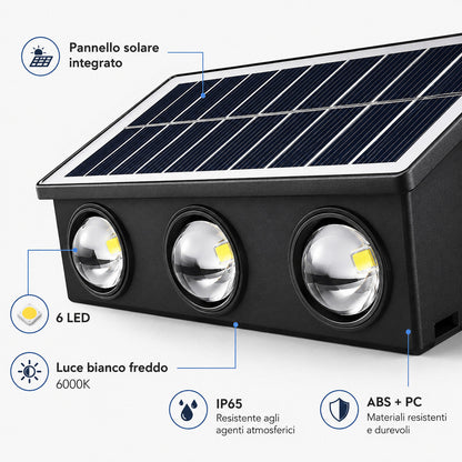 APPLIQUE LAMPADA 6 LED MURO PARETE SOLARE IP65 BIANCO FREDDO GIARDINO TE-B0574