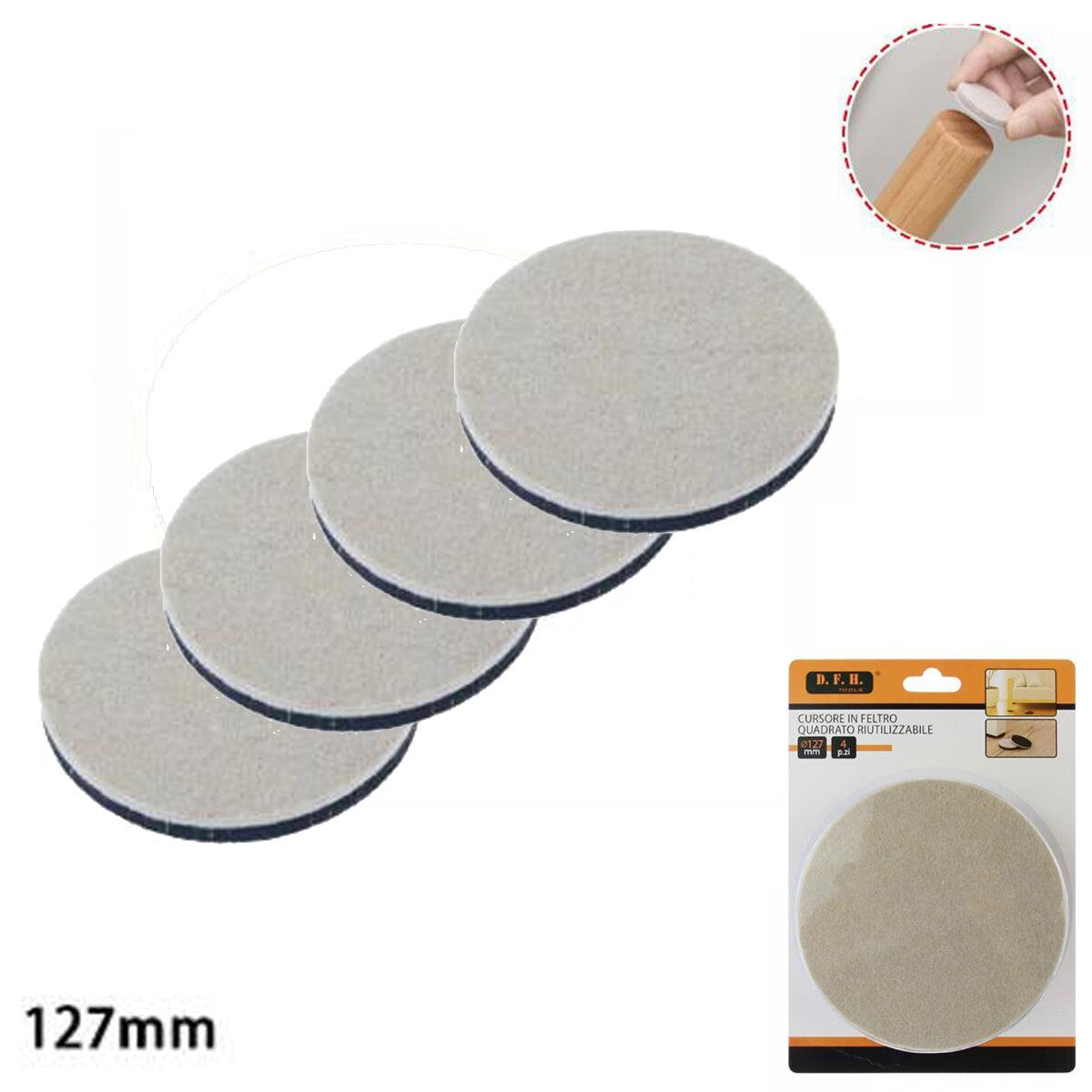 4 CURSORI ROTONDI IN  FELTRO PER PROTEZIONE MOBILI SEDIE FILTRINI 127MM 74247