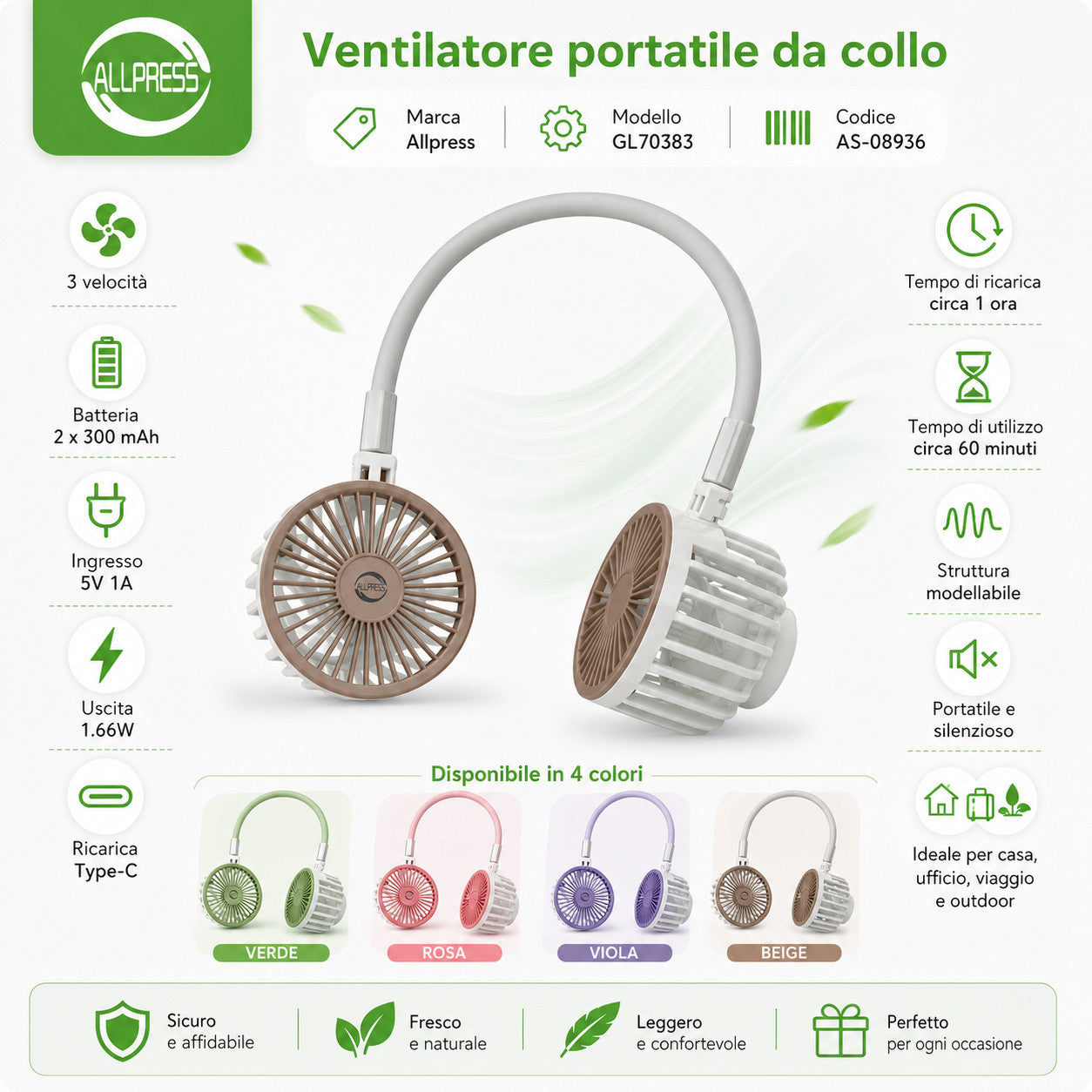 VENTILATORE COLLO PALE PORTATILE RICARICABILE SPORT 3 VELOCITÀ AS-08936