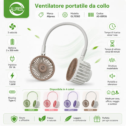 VENTILATORE COLLO PALE PORTATILE RICARICABILE SPORT 3 VELOCITÀ AS-08936