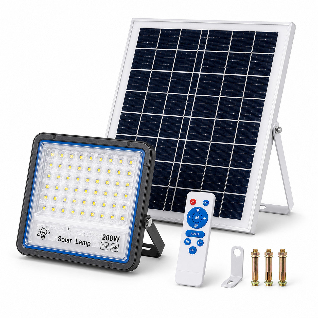 FARO LED FARETTO ALTA LUMINOSITA' PANNELLO SOLARE CREPUSCOLARE TELECOMANDO 200W