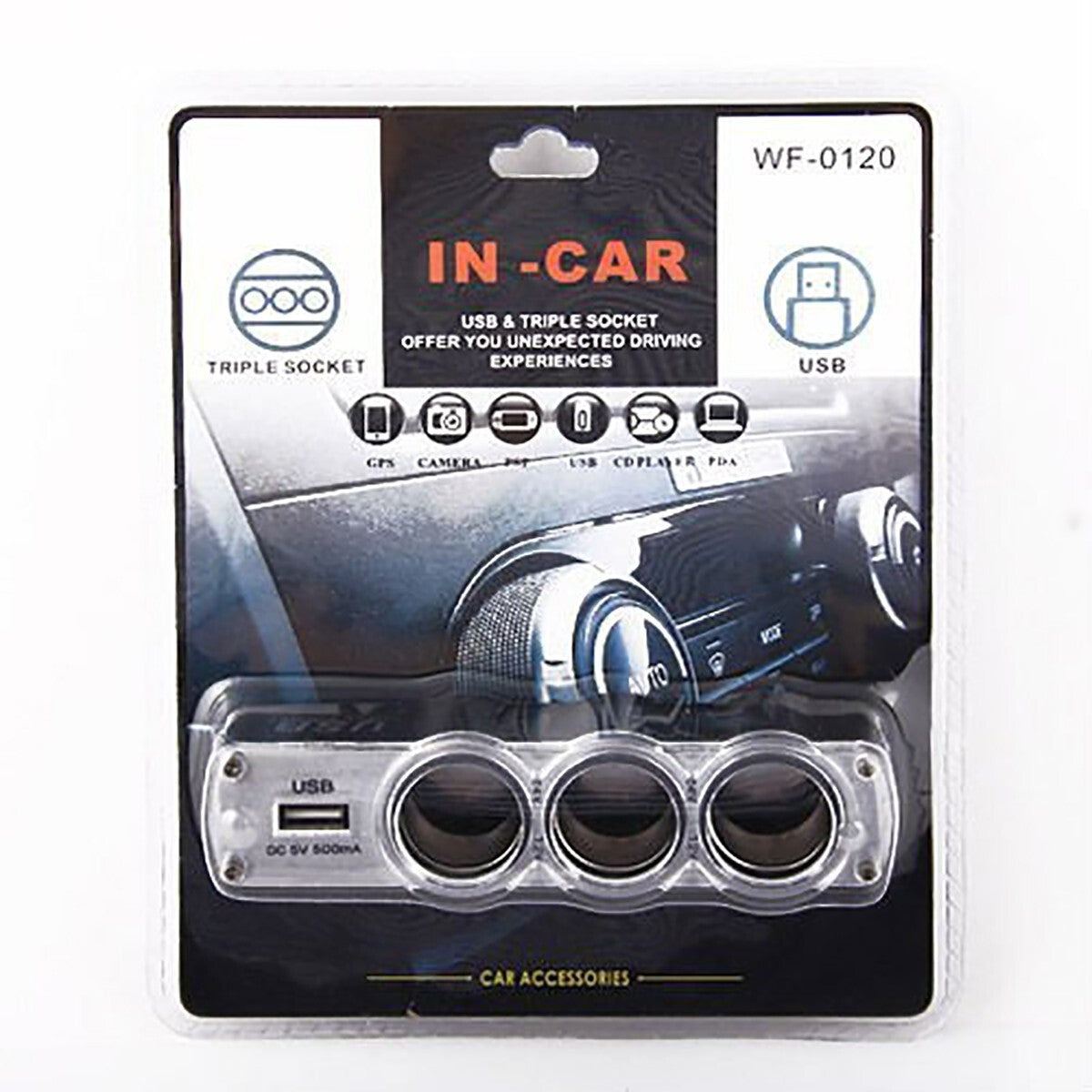 ADATTATORE USB AUTO TRIPLA PRESA 12V CARICABATTERIE MULTIPLO TELEFONI WF-0120