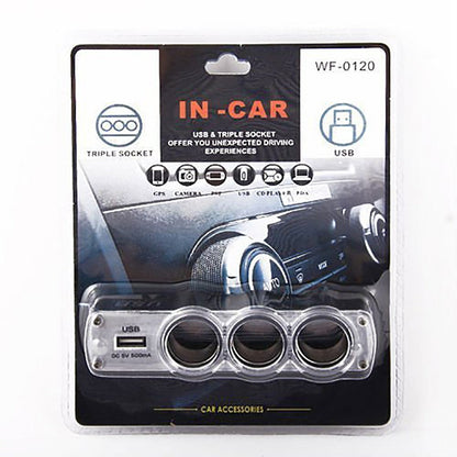 ADATTATORE USB AUTO TRIPLA PRESA 12V CARICABATTERIE MULTIPLO TELEFONI WF-0120