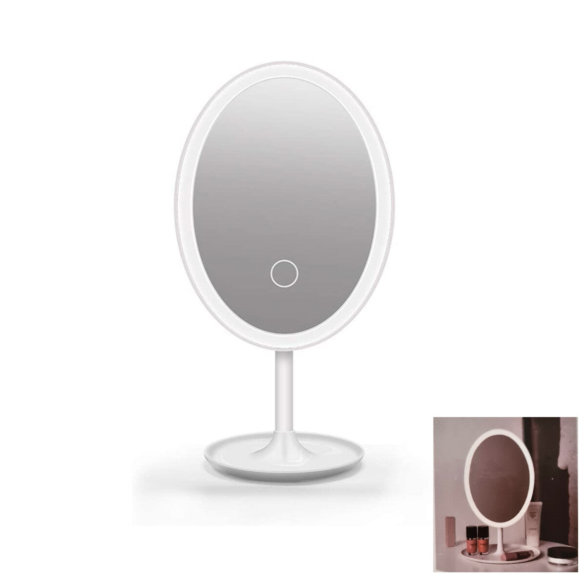 SPECCHIO TRUCCO LUCE LED BASE GIREVOLE USB OVALE MAKE UP ILLUMINATO TOUCH 299