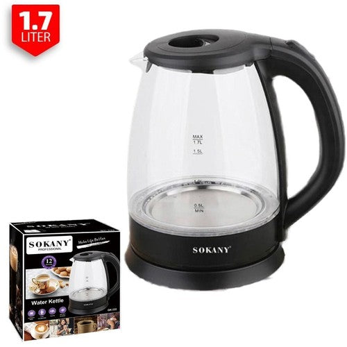 BOLLITORE ELETTRICO ACCIAIO VETRO 1,7L 2200W BEVANDE TISANE TEMPERATURA GK-322